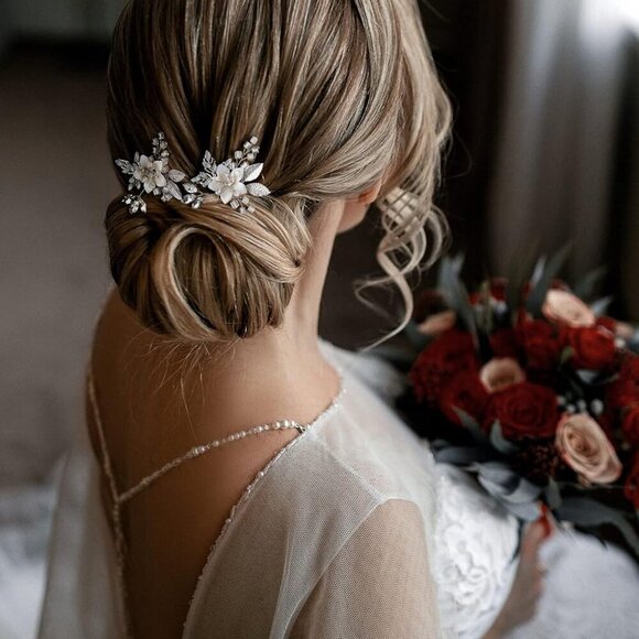 Wedding Hair Pins Set Silver Beaded Ceramic Flower Bridal Hair Accessories main image 5
